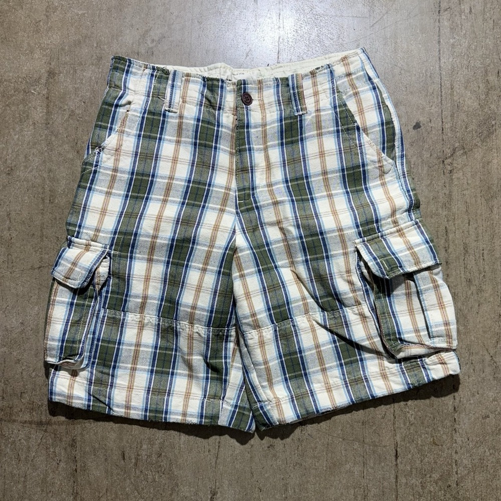 Ditch Plains Shorts Mens 34 Green Blue Plaid Cargo Relaxed Fit Cotton Summer